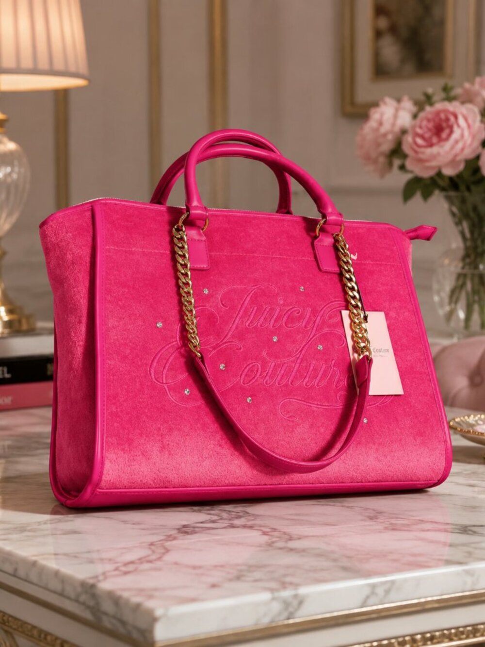 Juicy Couture Pink Flash Velour Chain Tote Bag NWT